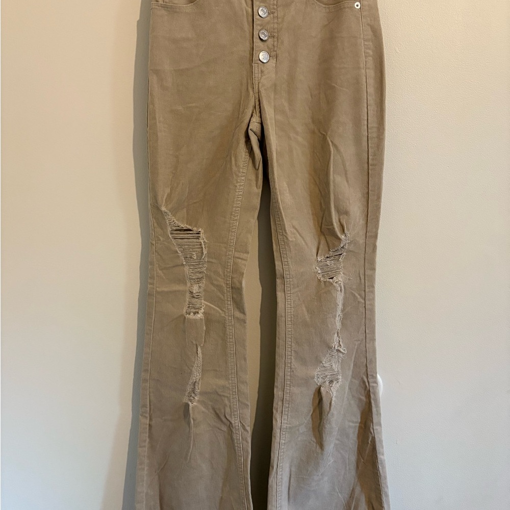 Tan Distressed Flare Corduroy
